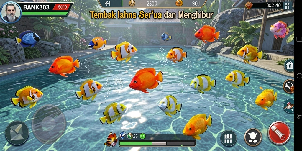 Screenshot gameplay BANK303 menunjukkan aksi menembak ikan yang seru.