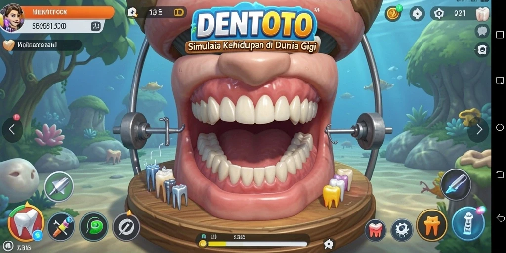 Tampilan gameplay DENTOTO dengan berbagai alat perawatan gigi.