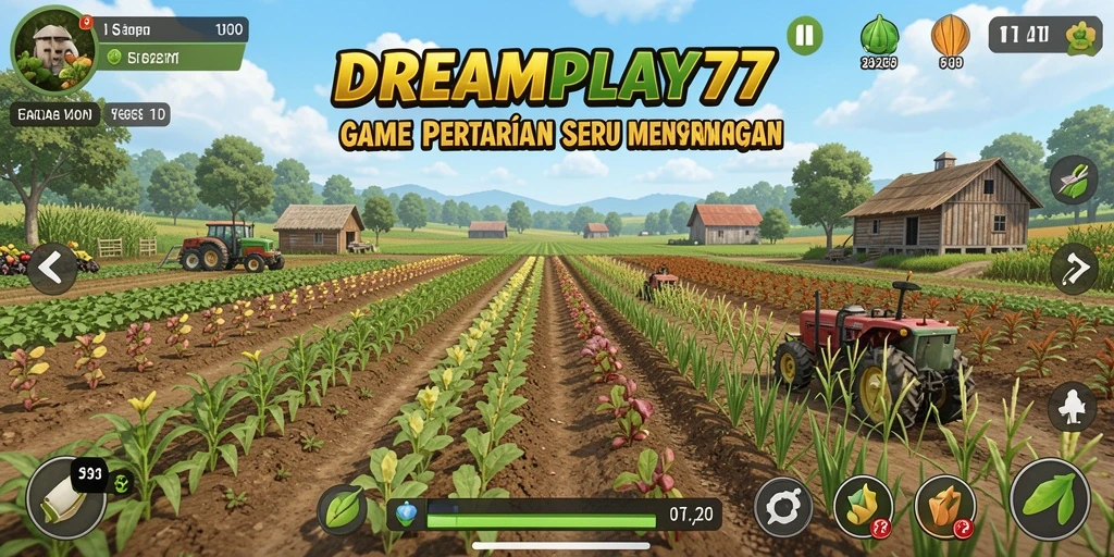 Tampilan screenshot utama DREAMPLAY77 menampilkan kebun yang indah dan gameplay interaktif.