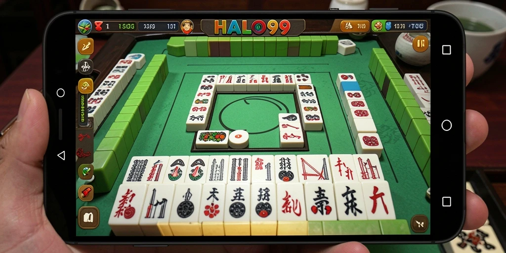 Tampilan gameplay menarik dari aplikasi HALO99 yang menampilkan ubin Mahjong.
