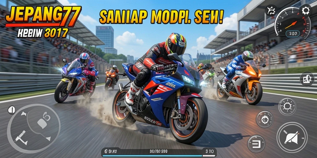 Tampilan gameplay seru saat balapan motor di JEPANG77.