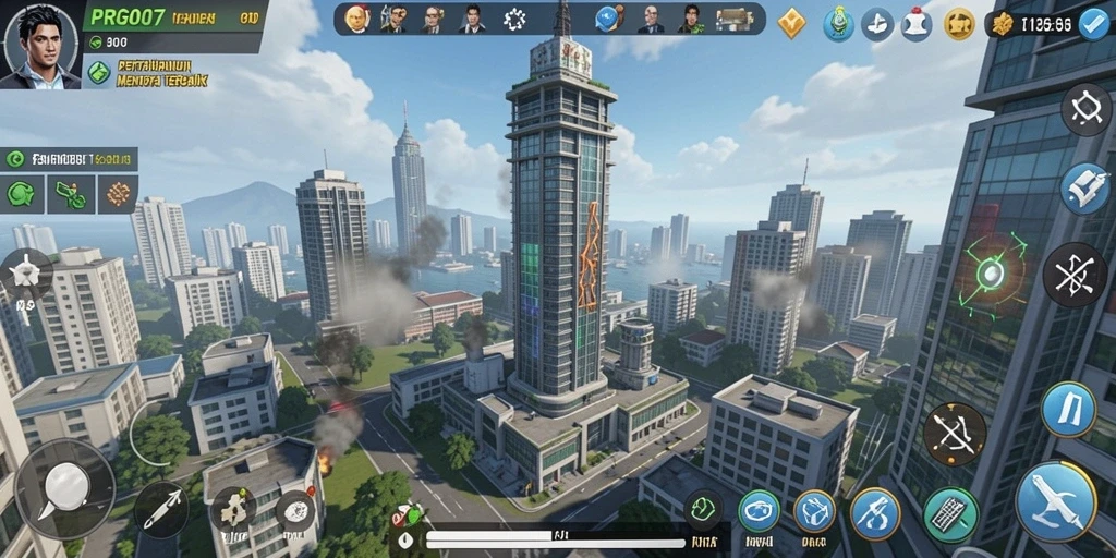 Tangkapan layar gameplay PRG007 menunjukkan menara pertahanan yang megah.